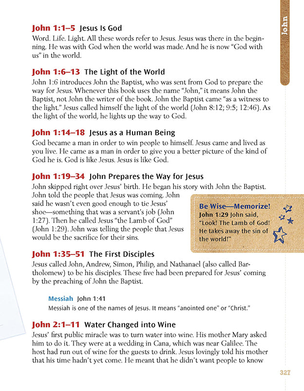 Kid-friendly Bible breakdown of John 1–2, highlighting themes like Jesus as God, the Light of the World, and Jesus' first miracle at the wedding in Cana.