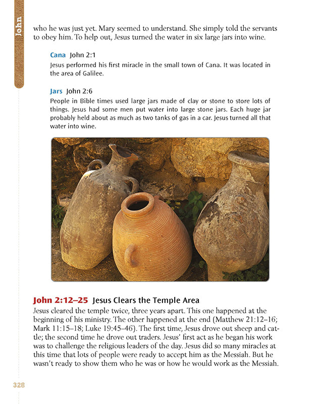 Bible lesson for kids on Jesus turning water into wine in John 2, with photos of ancient clay jars and contextual notes about biblical customs.