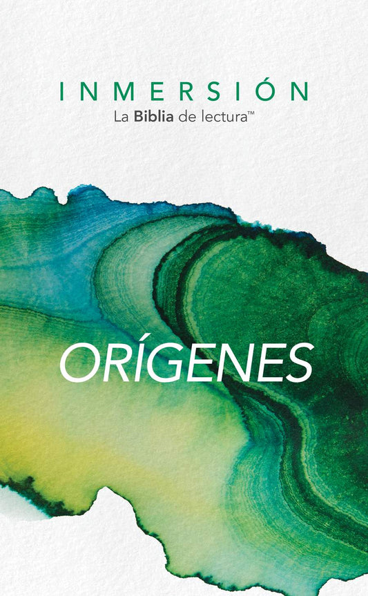 Portada del libro “Inmersión: Orígenes – La Biblia de lectura” con diseño artístico en tonos verdes y amarillos sobre fondo blanco.