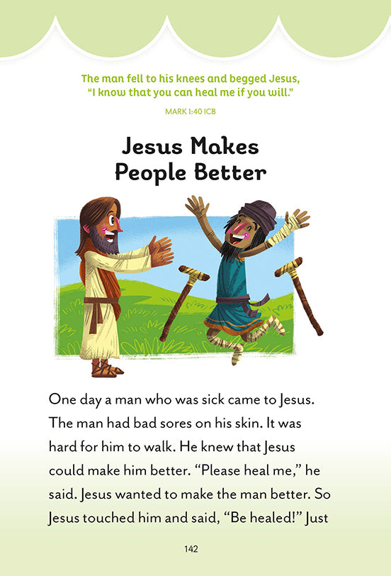 Illustrated devotional page titled "Jesus Makes People Better" with a verse from Mark 1:40 and a colorful image of Jesus healing a joyful man with a walking stick.