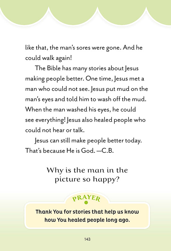 Text page about Jesus healing the sick, ending with a question about why the man is happy and a prayer thanking God for healing stories.