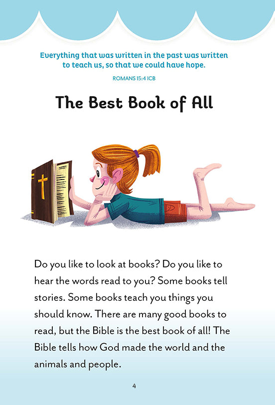 Illustrated devotional page titled "The Best Book of All" with a Bible verse from Romans 15:4 and a girl reading a Bible while lying on her stomach.