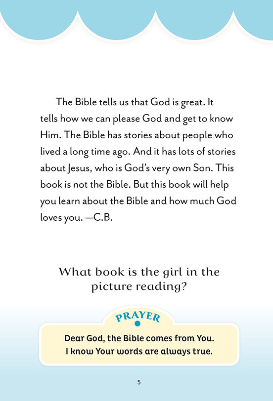 Text page explaining the importance of the Bible, with a discussion question and a short rhyming prayer thanking God for His true words.