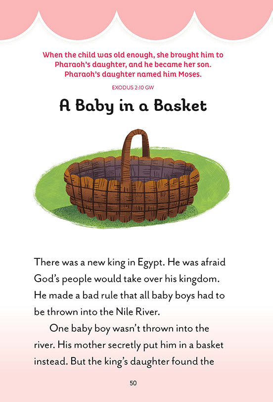 Illustrated devotional page titled "A Baby in a Basket" with a verse from Exodus 2:10 and an image of a brown woven basket on green grass.