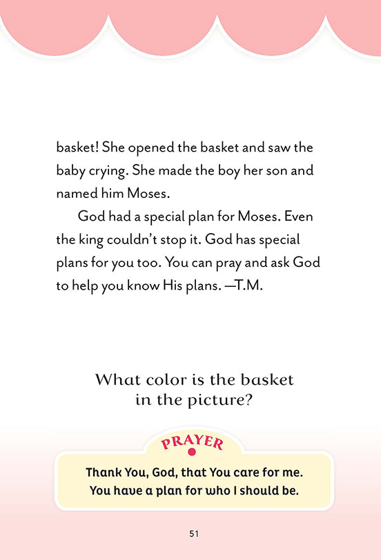 Text page describing the story of baby Moses, with a question about the color of the basket and a prayer thanking God for His care and plans.