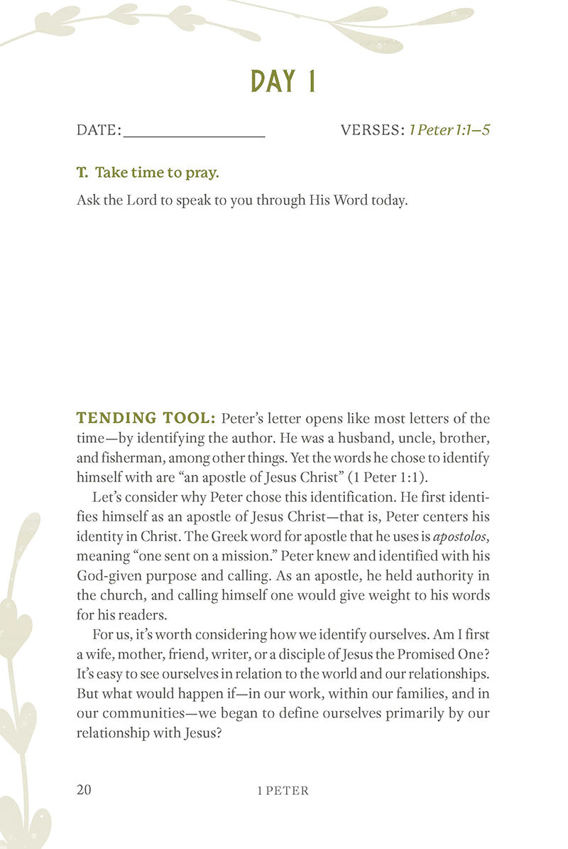 Page from Day 1 with a writing and prayer prompt, featuring minimal decorative elements on a white background from women's Bible study on 1 Peter