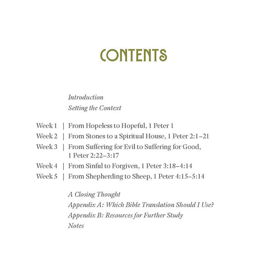 Table of contents for a women's Bible Study on 1 Peter, with chapter headings including From Hopeless to Hopeful and From Suffering for Evil to Suffering for Good