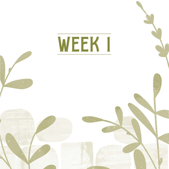 Decorative introduction page for 'Week 1' of 1 Peter women's Bible Study with leaf designs on a light background