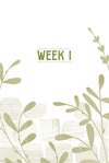 Decorative introduction page for 'Week 1' of 1 Peter women's Bible Study with leaf designs on a light background