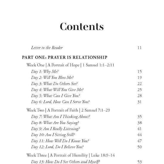 Table of contents for Closer to God prayer study book featuring chapters on hope, faith, and humility