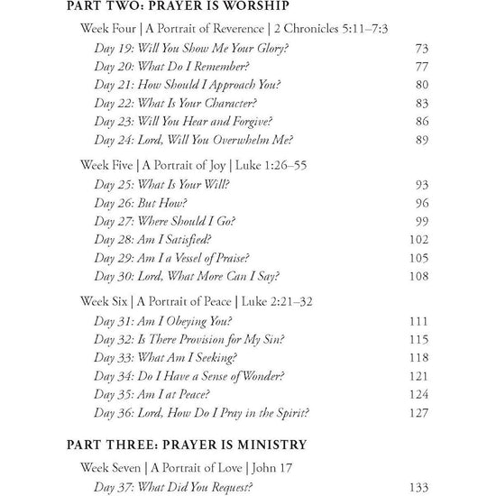 Second page of table of contents for Closer to God: 10 Week prayer study book featuring chapters on reverence, joy, peace, and love