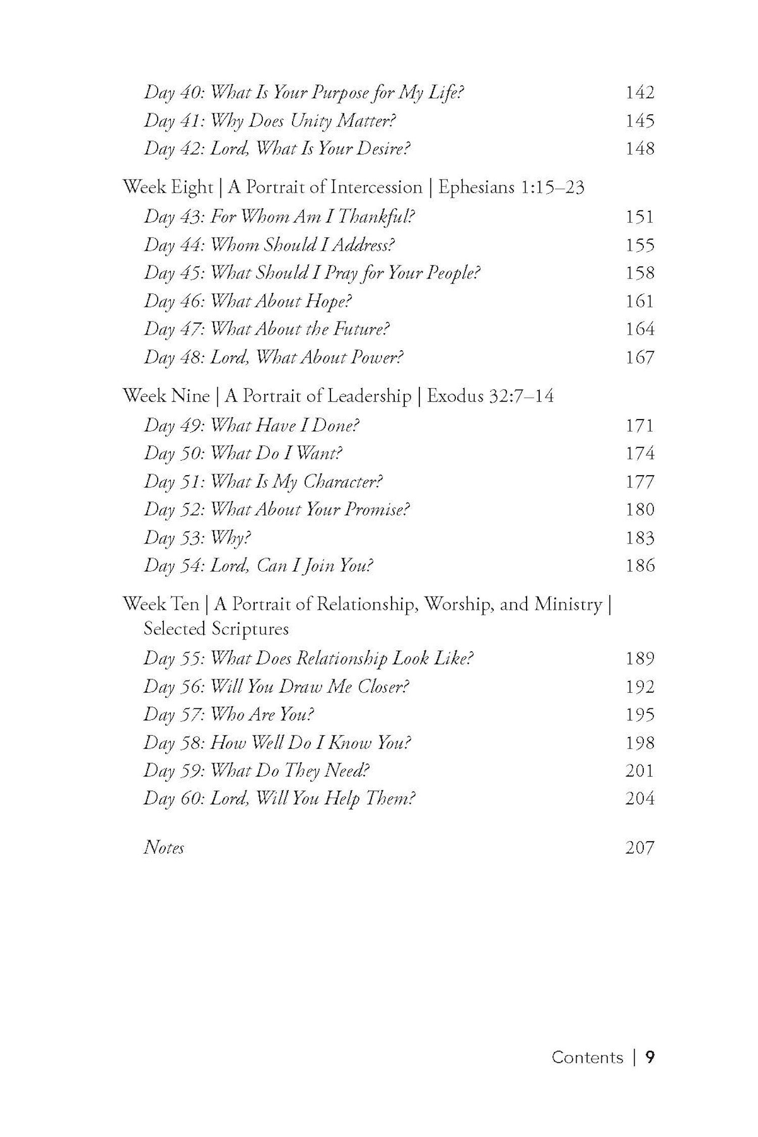 Table of contents page from Closer to God: 10-week prayer study book featuring chapters on intercession, leadership, and ministry