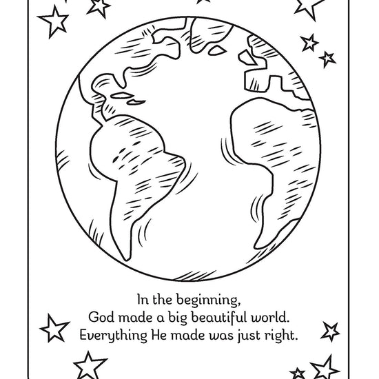 Christian colouring page for kids showing Earth and stars with Bible verse about God creating the world.