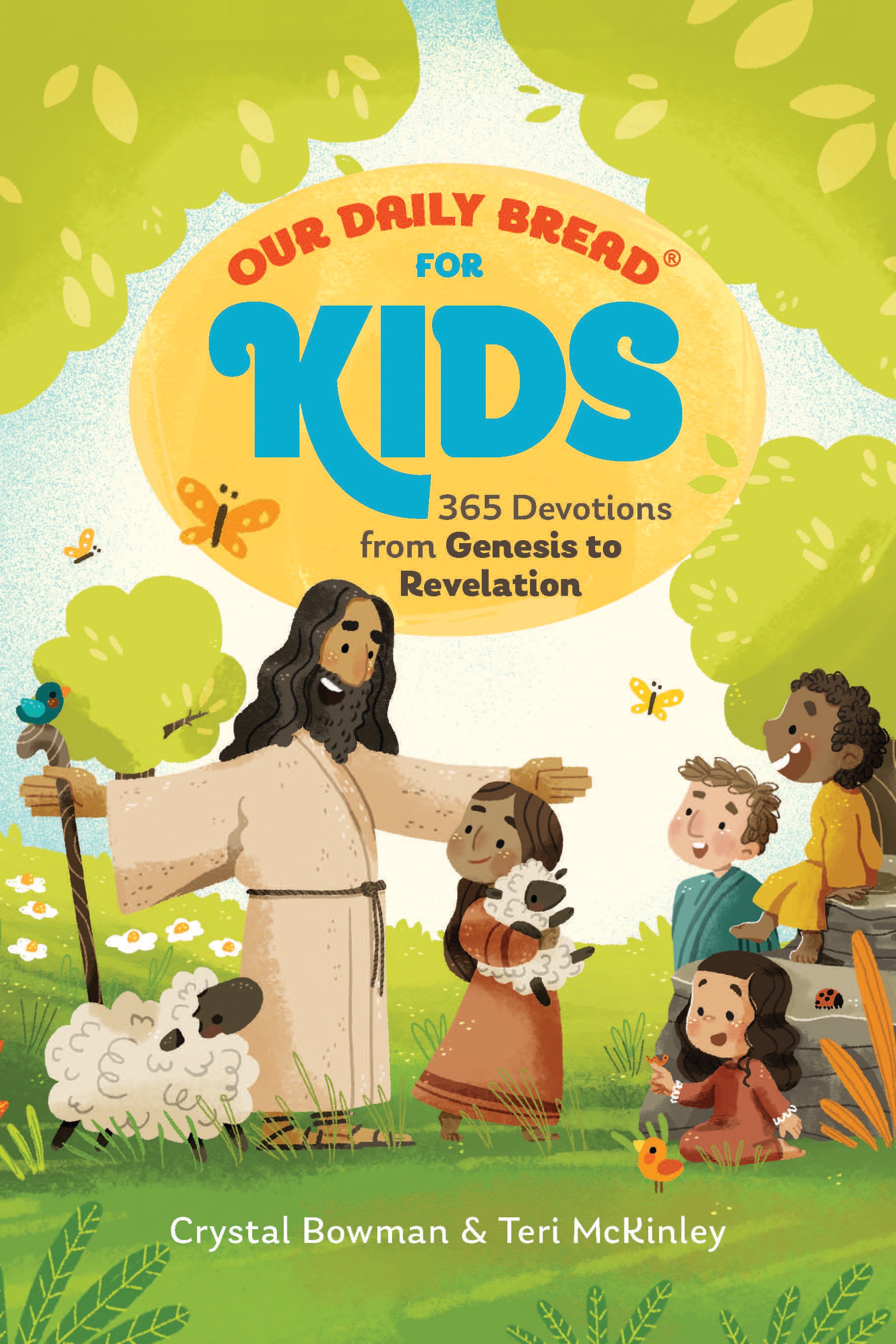 Children's book cover titled “Our Daily Bread for Kids”. It shows a joyful scene with a bearded man in a robe, children, a sheep, trees, birds, and butterflies.