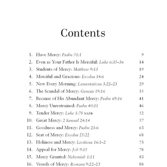 Table of contents for God's Abundant Mercy book featuring such chapters as Have Mercy, Appeal for Mercy, and Obtain Mercy
