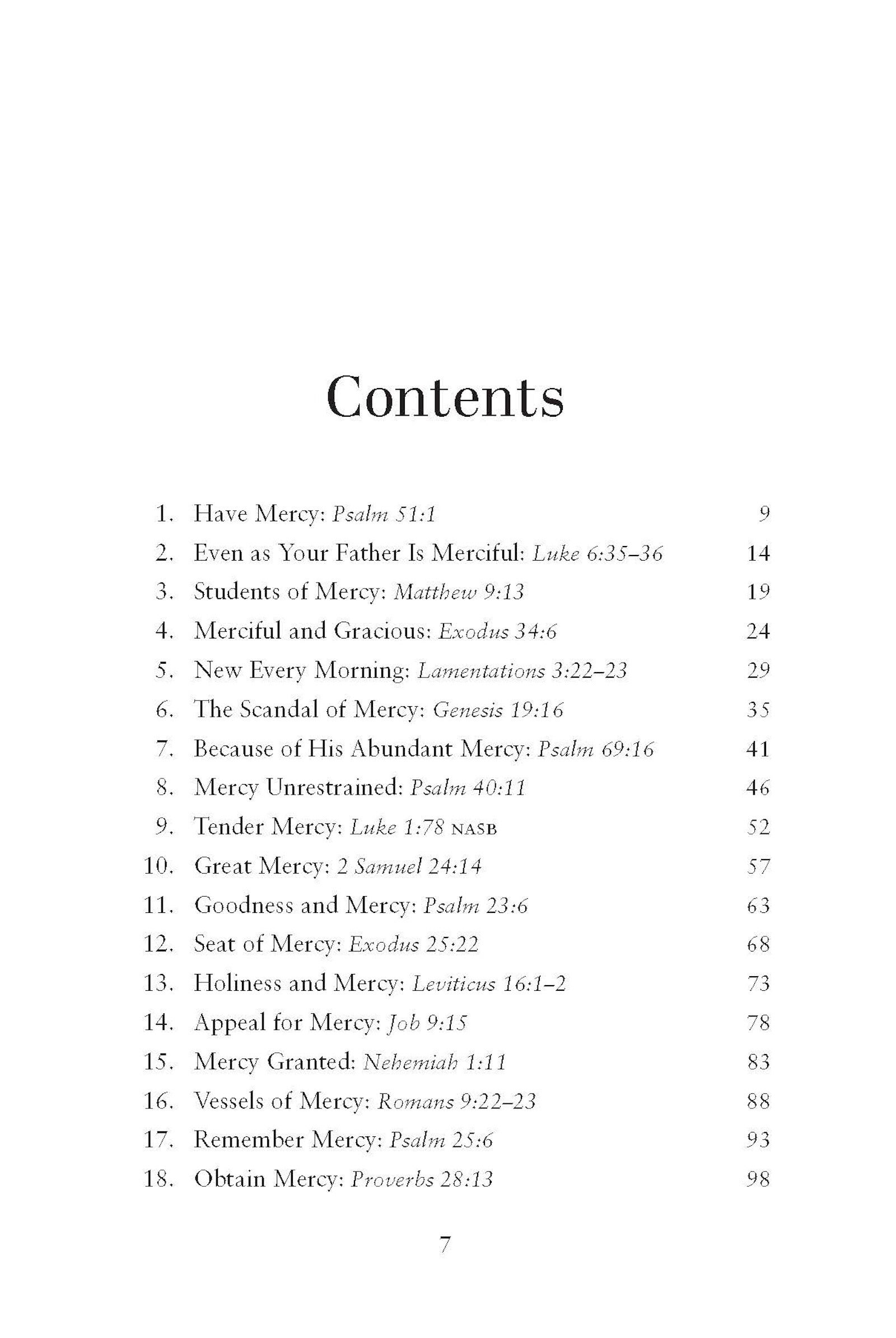 Table of contents for God's Abundant Mercy book featuring such chapters as Have Mercy, Appeal for Mercy, and Obtain Mercy