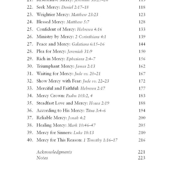Table of contents for God's Abundant Mercy book featuring such chapters as Mercy for the Wicked, Rich in Mercy and Reliable Mercy