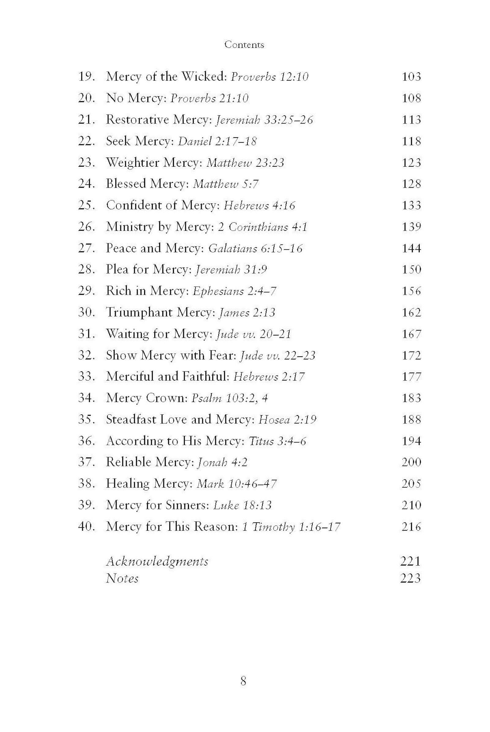 Table of contents for God's Abundant Mercy book featuring such chapters as Mercy for the Wicked, Rich in Mercy and Reliable Mercy