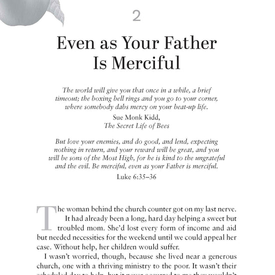 Chapter 2 text entitled Even As Your Father is Merciful with a decorative apple illustration on a white background from God's Abundant Mercy book