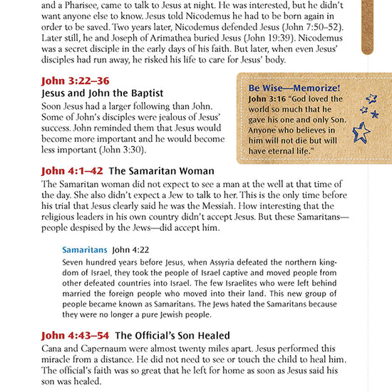 Interactive kids’ Bible study page exploring Nicodemus, John the Baptist, and the Samaritan woman in John chapters 3 and 4, with memory verses and cultural insights.