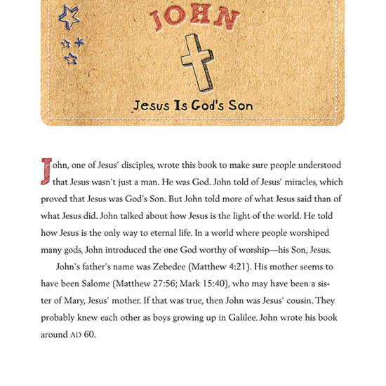 Bible study page introducing the Book of John for kids, emphasizing Jesus as God’s Son with a stitched-style header, stars, and a cross illustration.