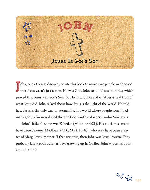 Bible study page introducing the Book of John for kids, emphasizing Jesus as God’s Son with a stitched-style header, stars, and a cross illustration.