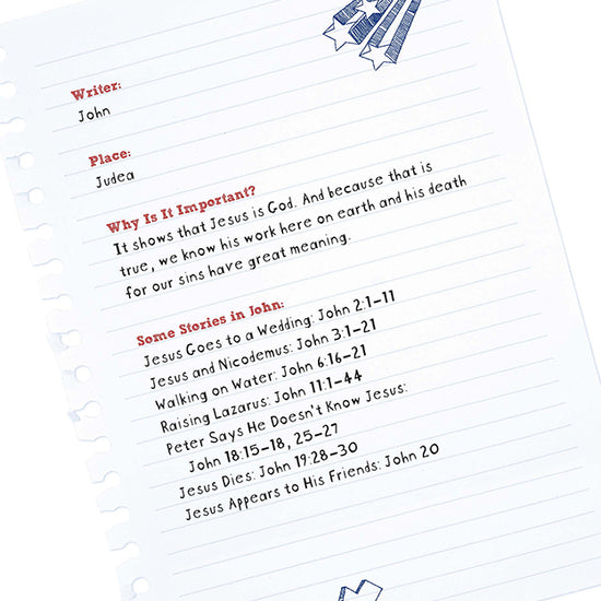 Notebook-style Bible summary of the Book of John for kids, listing the writer, location, why the book is important, and key stories like Jesus turning water into wine and raising Lazarus.