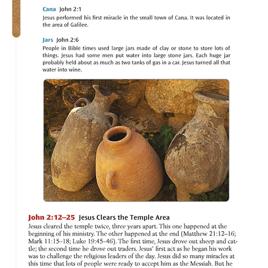Bible lesson for kids on Jesus turning water into wine in John 2, with photos of ancient clay jars and contextual notes about biblical customs.