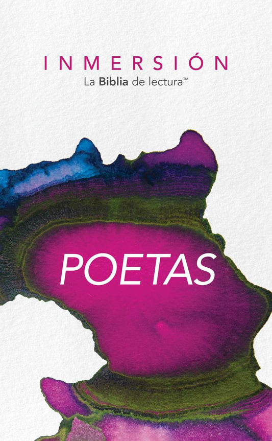 Portada del libro “Inmersión: Poetas – La Biblia de lectura” con diseño en tonos morados, azules y verdes sobre fondo blanco.
