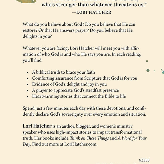 Back cover of the book 'Lord, I Believe' by Lori Hatcher on a beige background with an illustration of a leaf similar to imagery on the front cover