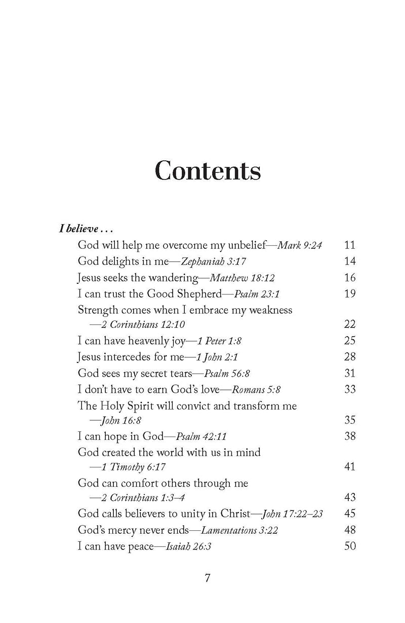 Table of contents page featuring such chapters as God Delights In Me and I Don't Have To Earn God's Love in the book 'Lord, I Believe' by Lori Hatcher