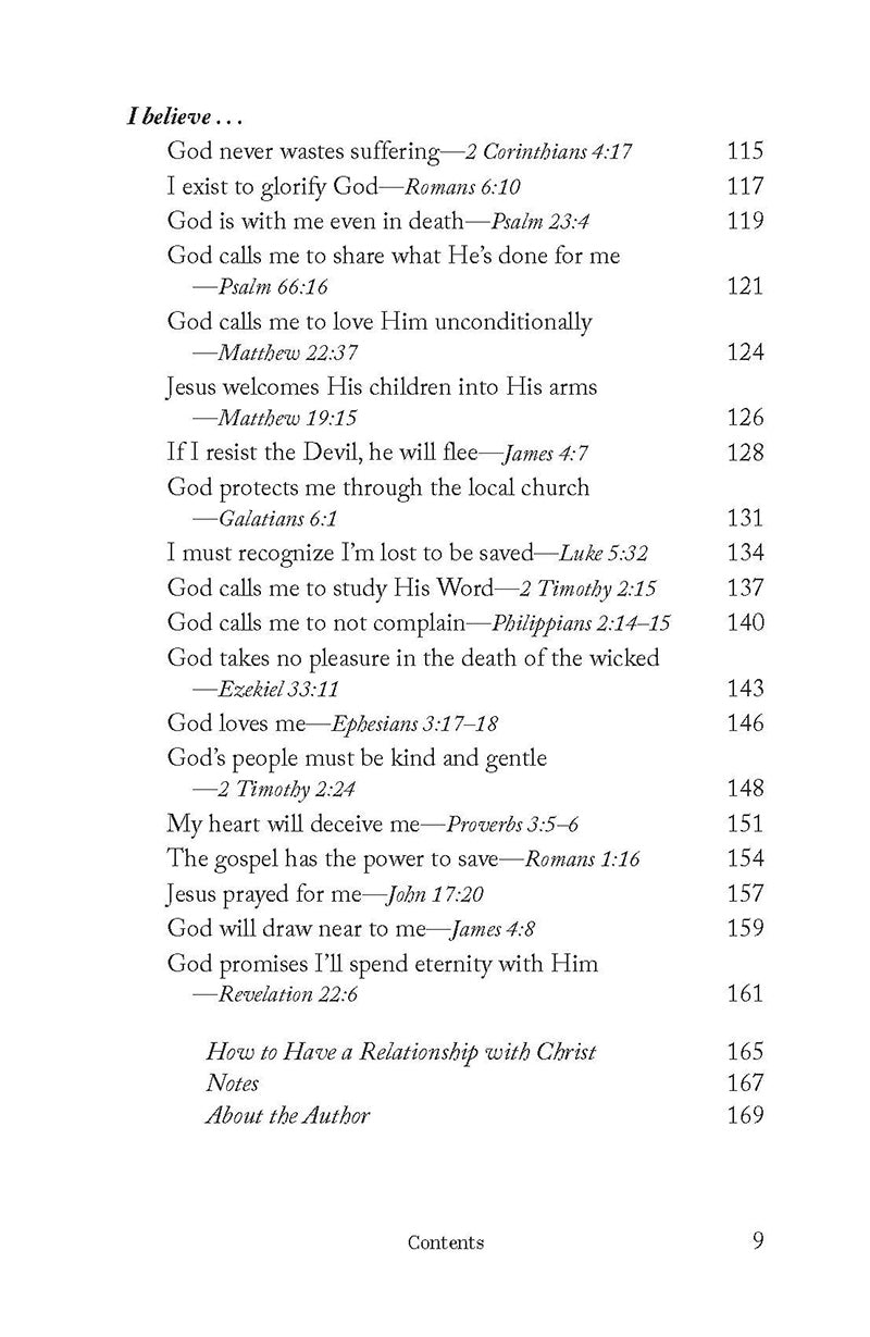 Table of contents page featuring such chapters as I Exist to Glorify God and If I Resist The Devil, He Will Flee in the book 'Lord, I Believe' by Lori Hatcher