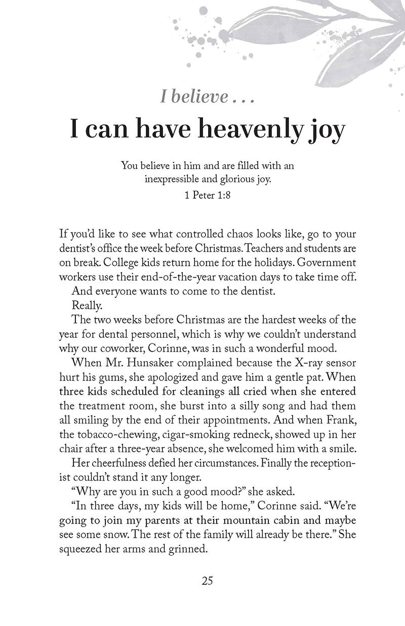 Text page with a quote about heavenly joy and a dental office anecdote in the book 'Lord, I Believe' by Lori Hatcher