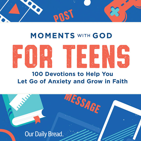 Book cover of 'Moments with God for Teens' by Our Daily Bread Ministries with colourful graphics of items like gaming devices and phones