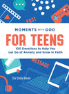 Book cover of 'Moments with God for Teens' by Our Daily Bread Ministries with colourful graphics of items like gaming devices and phones