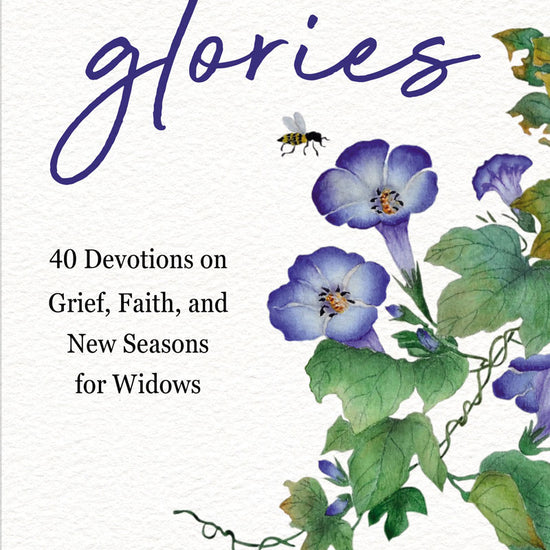 Book cover of 'mourning glories: 40 devotions on grief, faith, and new seasons for widows' by Marilyn Nutter and published by Our Daily Bread Publishing with purple floral design
