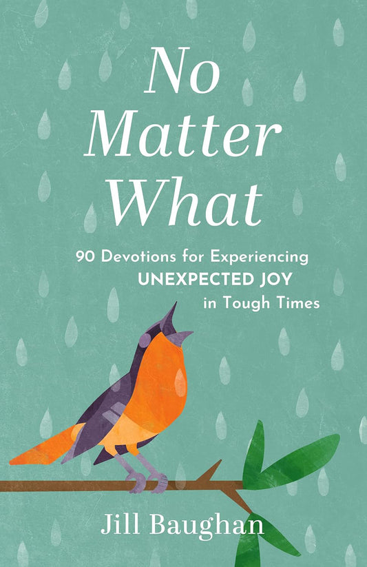 Book cover for 'No Matter What: 90 Devotions for Experiencing Unexpected Joy in Tough Times' by Jill Baughan, featuring an illustration of a bird perched on a branch with leaves against a blue background with rain droplets.