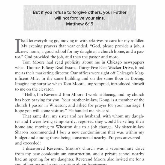 Page titled 'Hot Tea and Forgiveness' with text and a quote from Matthew 6:15 in Not Easily Broken book by Joyce & Steven Dinkins