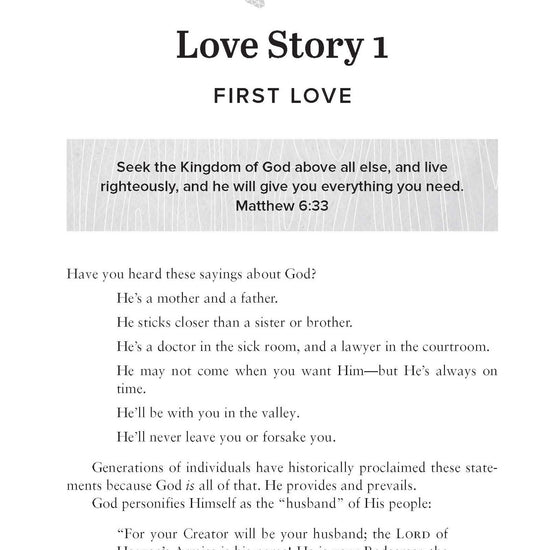 Text 'Love Story 1' chapter with a biblical quote and questions about God in Not Easily Broken by Joyce & Steven Dinkins
