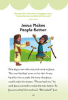 Illustrated devotional page titled "Jesus Makes People Better" with a verse from Mark 1:40 and a colorful image of Jesus healing a joyful man with a walking stick.
