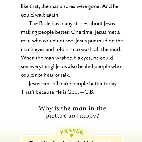 Text page about Jesus healing the sick, ending with a question about why the man is happy and a prayer thanking God for healing stories.