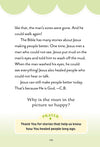 Text page about Jesus healing the sick, ending with a question about why the man is happy and a prayer thanking God for healing stories.