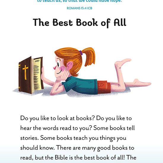 Illustrated devotional page titled "The Best Book of All" with a Bible verse from Romans 15:4 and a girl reading a Bible while lying on her stomach.