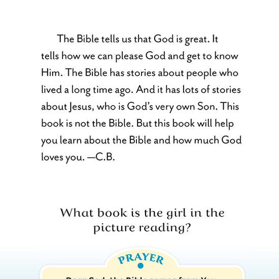 Text page explaining the importance of the Bible, with a discussion question and a short rhyming prayer thanking God for His true words.