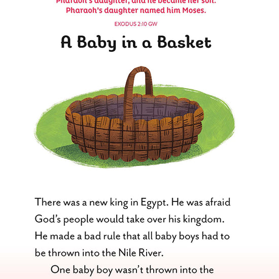 Illustrated devotional page titled "A Baby in a Basket" with a verse from Exodus 2:10 and an image of a brown woven basket on green grass.