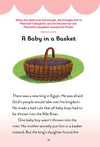 Illustrated devotional page titled "A Baby in a Basket" with a verse from Exodus 2:10 and an image of a brown woven basket on green grass.