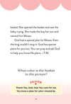 Text page describing the story of baby Moses, with a question about the color of the basket and a prayer thanking God for His care and plans.