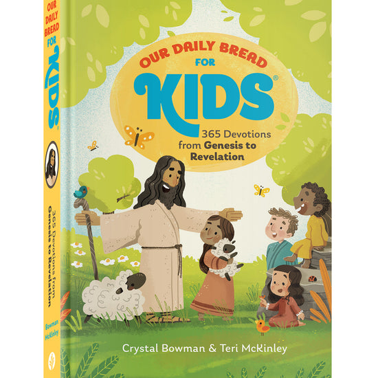 Children's book cover titled “Our Daily Bread for Kids”. It shows a joyful scene with a bearded man in a robe, children, a sheep, trees, birds, and butterflies.