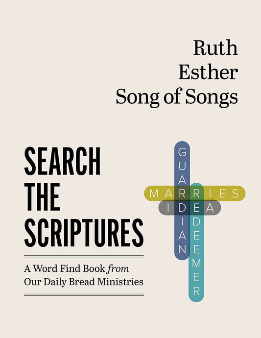 Cover of 'Search the Scriptures: Ruth, Esther & Song of Songs' word find puzzle book from Our Daily Bread Ministries with a cross design and text on a beige background