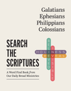 Book cover of 'Galatians, Ephesians, Philippians, Colossians: Search the Scriptures,' a word find book from Our Daily Bread Ministries with a crossword-style design making the shape of a cross on a beige background.